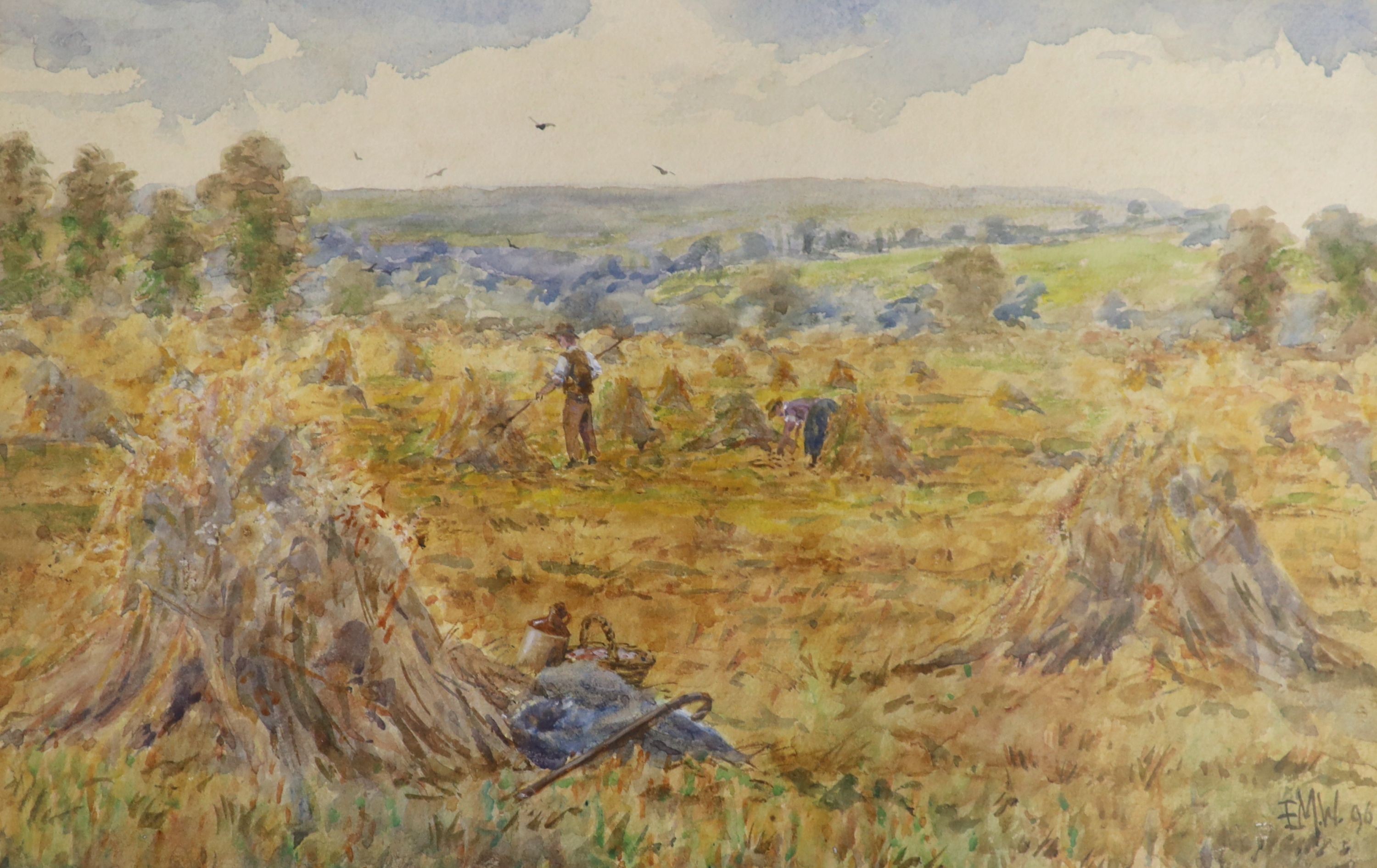 Edmund Morison Wimperis (1835-1900), watercolour, Harvesters at work, initialled and dated '96, 22 x 34cm and a watercolour by Rhodes of a shepherd and his flock, 25 x 39cm